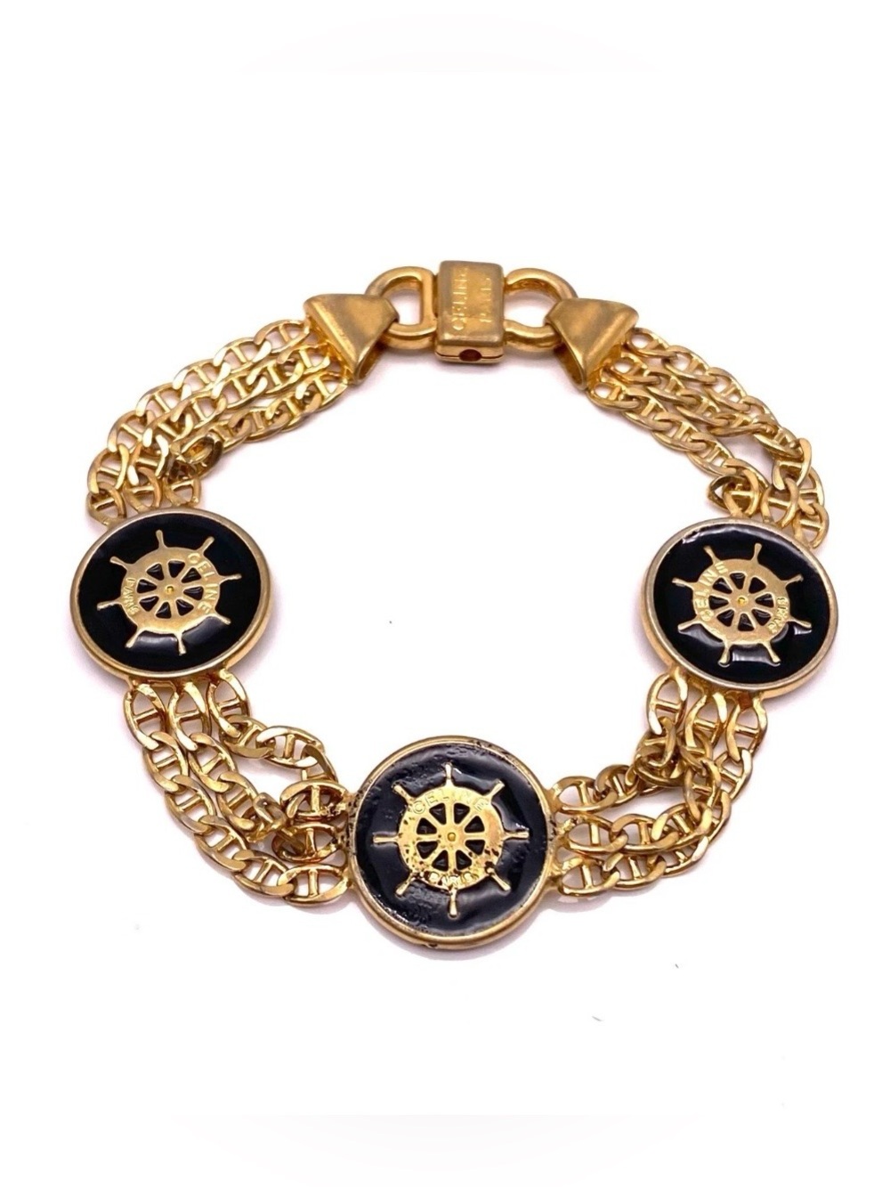 Authentic Vintage Celine Ship Wheel Ocean Medallion Black Gold Chain Bracelet